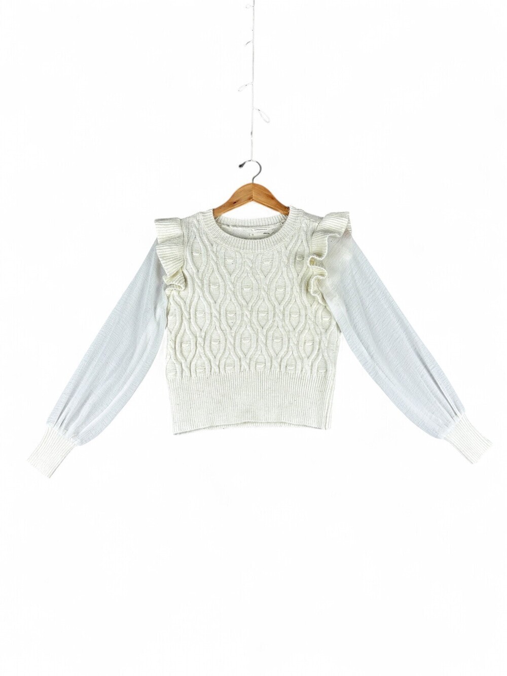 Anthropologie Ruffle Cable Knit Mixed-Media Sweater XS
